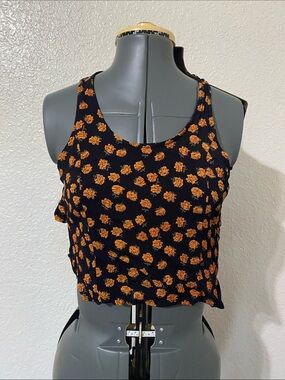 Women's Black Floral Racerback Tank Top - Orange Flower Print